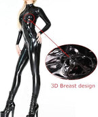 Women's Sexy Shiny Synthetic Latex 3D Breast Catsuit Front with Zipper Bodysuit Wet Look Jumpsuit Clubwear