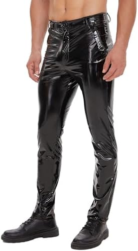 Mens Shiny Leather Pants, Sexy Zipper Open Crotch, Wetlook, Glossy Casual Trousers, Black