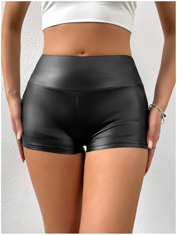 WDIRARA Women's PU Leather Skinny Shorts Low Waisted Biker Shorts