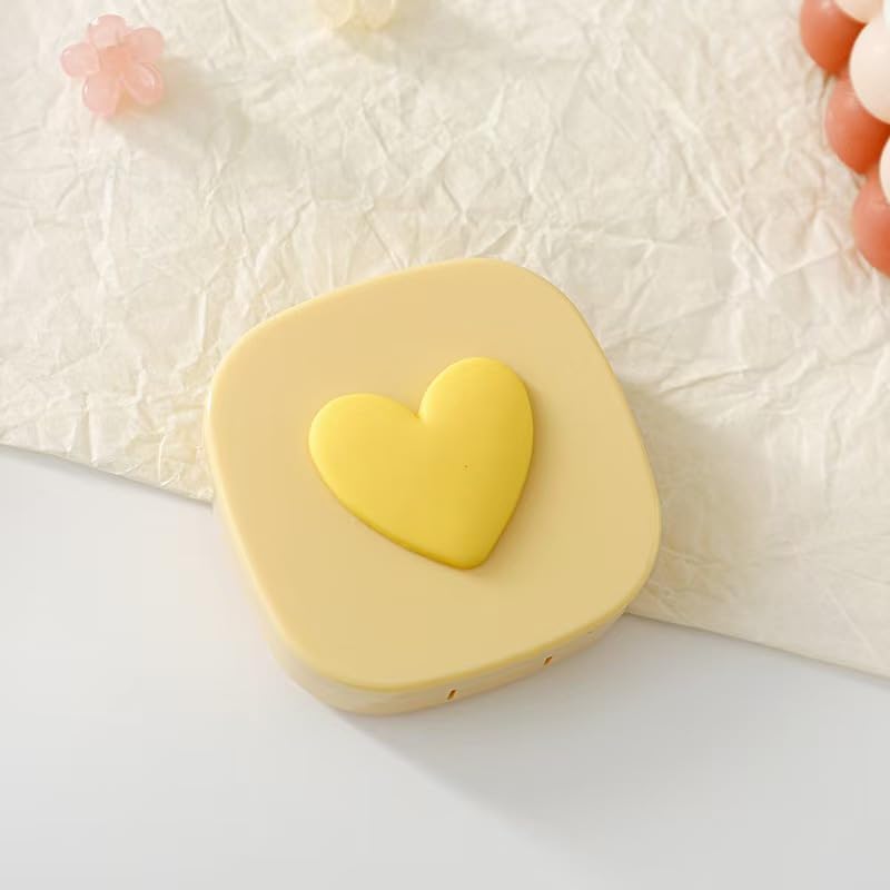 Love Heart Contact Lens Cases, Travel Portable Contact Lens Container Box With Mirror,Cute Eyes Care Eyewear Kits Organizer (Yellow)