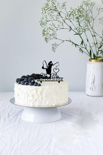 Funny Fishing Wedding Cake Topper - Best Catch Ever - Groom Hugging Bride, Mr&Mrs (Fishing Couple)