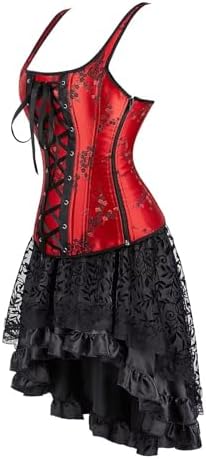 Jutrisujo Corsets for Women Bustiers Overbust Dress Top Skirt Set Halter Zipper Brocade Floral Plus Size Black