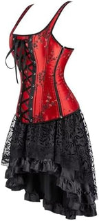 Jutrisujo Corsets for Women Bustiers Overbust Dress Top Skirt Set Halter Zipper Brocade Floral Plus Size Black