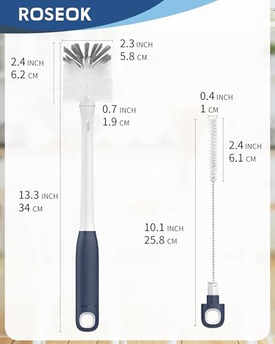ROSEOK 2 in 1 Long Handle Bottle Brush with Straw Brush for Cleaning Glass, Sports Bottle, Coffee Mug,Navy Blue,1 Pack