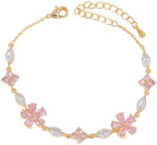 Pink Crystal Cherry Blossom Flower Chain Link Bracelet For Women Gold Silver Plated Fashion Cute Delicate CZ Petal Floral Sakura Bangle Bracelets Adjustable Sweet Dainty Fine Jewelry Gifts For Her