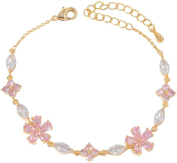 Pink Crystal Cherry Blossom Flower Chain Link Bracelet For Women Gold Silver Plated Fashion Cute Delicate CZ Petal Floral Sakura Bangle Bracelets Adjustable Sweet Dainty Fine Jewelry Gifts For Her