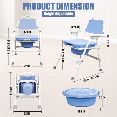 4 in 1 Folding Bedside Commode Chair for Seniors & Disabled - Adjustable Height Adults Potty Chair with Arms, Back & 30 PCS Cleaning Bag for Pregnant Women & Post-Surgery - Supports 360 lbs(ABS Seat)