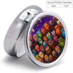 Cute Owl Metal Round Pill Box, 3 Compartment Travel Organizer, Portable Pill Container with Secure Latch, 2 Inch Circular Vitamin Caddy for Pills and Vitamins, Gift for Him Her Elderly