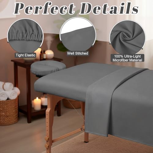 Oudain 4 Sets 3 Piece Soft Microfiber Massage Table Sheets Set Bulk Includes Massage Flat Sheet and Fitted Sheet and Face Rest Cover(Cool Grey)