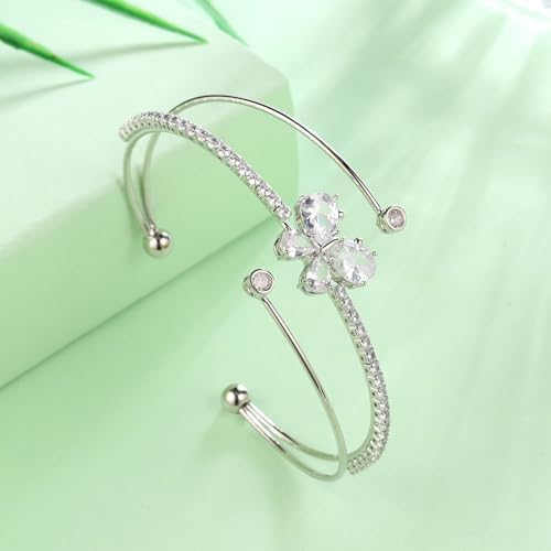 Butterfly Adjustable Bracelet with Birthstone Crystal Bangle Silver Plated Open Bracelets Jewelry for Women CB0014