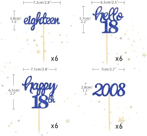 24 Pcs Glitter 18th Birthday Cupcake Toppers for Celebrating 18th Birthday Party Decorations for Eighteen Years Old Birthday Party Supplies (Blue2)