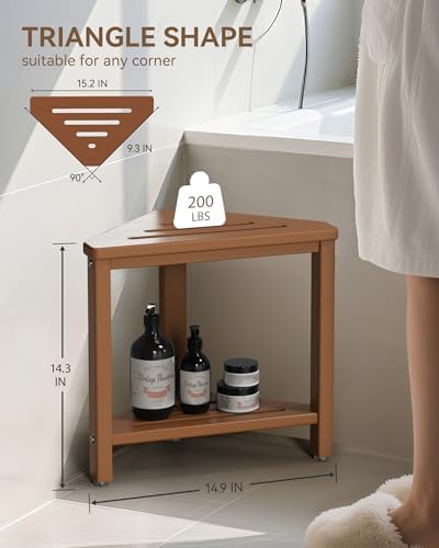 Teak Shower Foot Rest 15in, HDPE Waterproof Shower Stool for Inside Shower, Corner Shower Stool for Shaving Legs with Storage Shelf for Small Space, Shower Step Stool, Plastic Corner Shower Bench