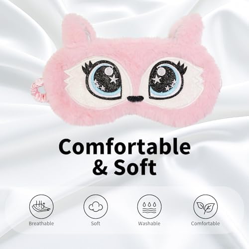 PERFECTSIGHT Sleep Eye Masks, Cute Plush Sleep Eye Cover Lightweight Adjustable Eyeshade Faux Fur Mask Cover for Women Men Sleep Travel Nap, Fox