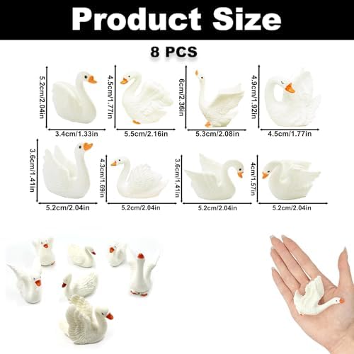 8PCS Mini White Swan Miniature Figurines Set, Beautiful White Swan Decorations, Adorable Animal Themes Desktop Resin Figurine Miniatures for Fairy Garden, Glass Container, Cake Toppers, Party Favors