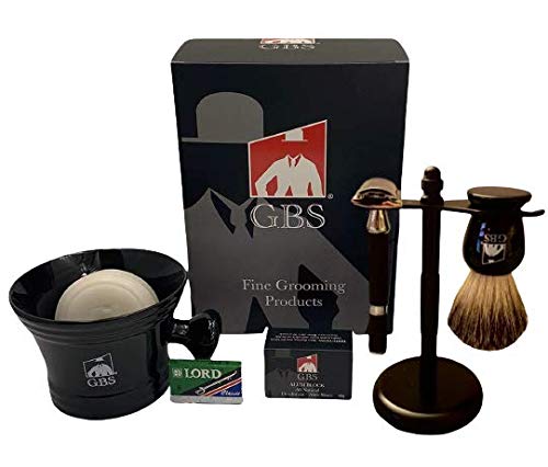 G.B.S Men's Premium 5 Piece Set- Double Edge Shaving Razor with Black Rubber Coated Handle, Shaving Mug, Synthetic Brush, Dual stand for Brush & Razor and 15 Blades, Alum Block