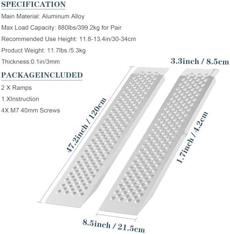 Aluminum Shed Ramp Pair-47.2" L x 8.5" W-2pcs, 880 lb Heavy-Duty Capacity, Lightweight 6.7 lb Each, Perforated Non-Slip Traction for Lawn Mower, Motorcycle, Wheelbarrow, ATV, Farm & Workshop