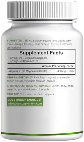 Magnesium Citrate 400mg Per Serving, 300 Veggie Capsules – Chelated, Easily Absorbed, Purified Trace Mineral – Muscle, Heart, & Digestive Support – Non-GMO