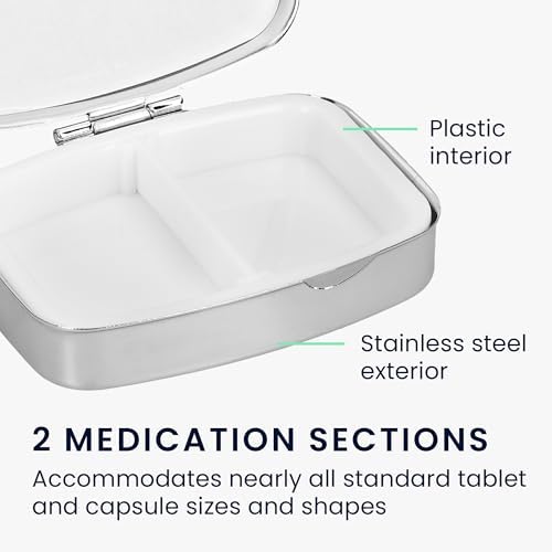 kwmobile 2 Compartment Pill Box - Set of 2X Stainless Steel Travel Box Organizer for Tablets and Prescriptions - Silver/Rose Gold