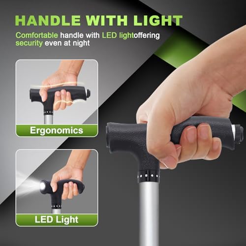 BigAlex Alloy Folding Cane with Seat, Lightweight Adjustable Walking Cane with Seat, Cane Seat with LED for Seniors, Cane Chair for Woman/Man,Anti-Slip Walking Stick for Seniors