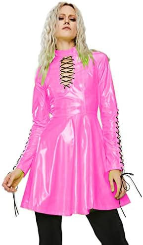 Women PVC Long Sleeve Dress Vinyl Hollow Out A-Line Dress High Waist Above Knee Mini Party Dress,Pink,4XL