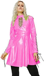 Women PVC Long Sleeve Dress Vinyl Hollow Out A-Line Dress High Waist Above Knee Mini Party Dress,Pink,4XL