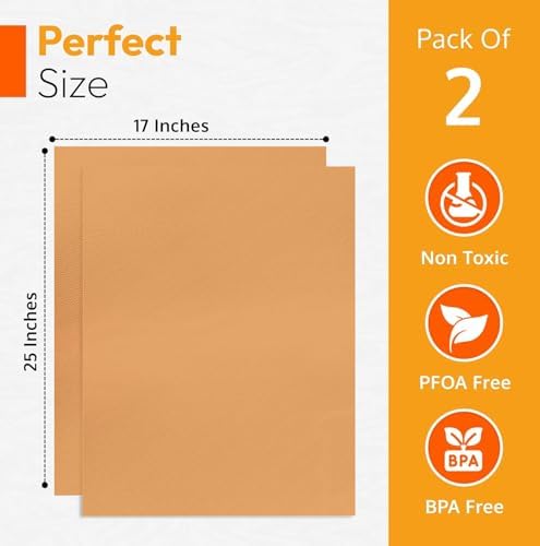 Copper 2 Pack Heavy Duty Non Stick Teflon Oven Liners Mat, Large Thick Liners for Bottom of Electric Oven Gas Stove Microwave Charcoal or Gas Grills 17"x 25" BPA and PFOA Free