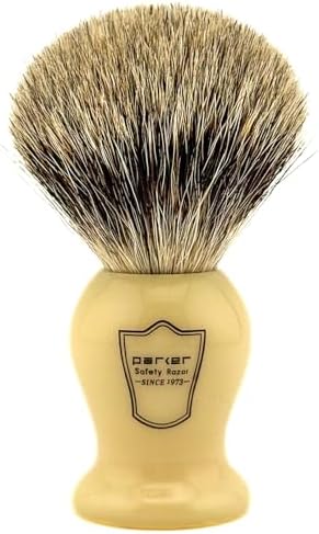 Parker 3-Band Pure Badger Bristle Shaving Brush – Faux Ivory Handle, Classic Wet Shave Brush for Lathering Shaving Soaps & Creams with Bladed Razors