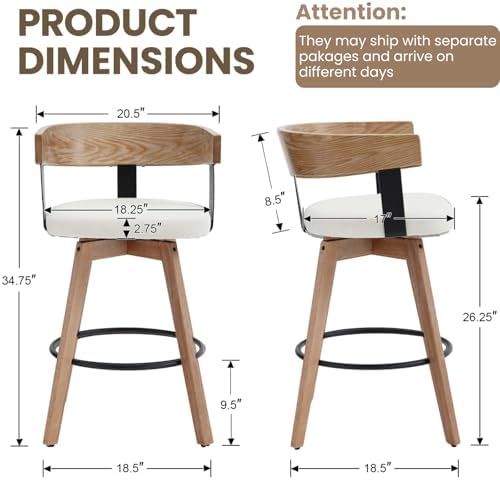 HNY 360° Swivel Bar Stools Set of 2, 26" Seat Height Counter Chairs with Linen White Upholstery Solid Wood Frame & Metal Footrest Modern Kitchen Island Stools for Home Bar & Dining Room