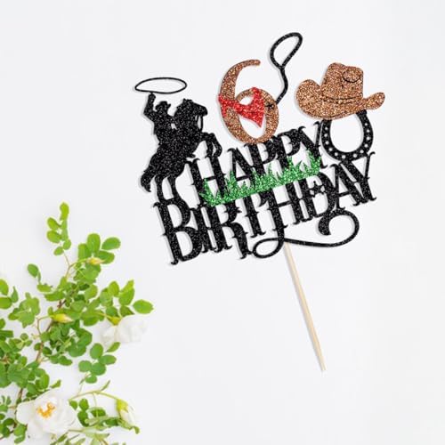 Happy birthday Cake Topper,Western Cowboy 6th Cake Decorations, Little Cowboy,Boy Girl Glitter Birthday Decorations,Rodeo Party Decorations