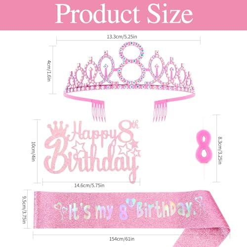8th Birthday Party Decorations Set for Girls- Pink Crown, Glitter Sash, Number 8 Candle & Cake Topper Kit for Birthday Celebrations Party Supplies Gift