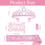 8th Birthday Party Decorations Set for Girls- Pink Crown, Glitter Sash, Number 8 Candle & Cake Topper Kit for Birthday Celebrations Party Supplies Gift