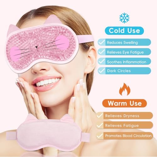 Cooling Eye Mask and Sleep Mask for Woman 2 Pcs, Cute Animal Cat Cartoon Pink Sleeping Mask Soft Cold Warm Compress Gifting for Dry Eyes Puff Eye Migraine Spa, Office, Morning Refreshment