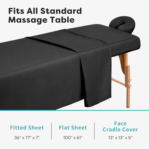 Comfyanno Massage Table Sheets Sets, 3 Pcs Professional Microfiber Spa Therapy Bed Sheets Cover, Soft, Light-Weight, Stain & Wrinkle Resistant, Includes Flat & Fitted Sheet, Face Cradle Cover - Black