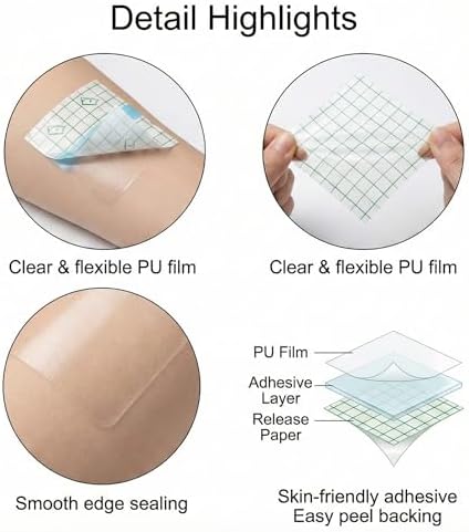 100 Pack Waterproof Transparent Shower Patch Bandage Cover, Stretch Clear Adhesive Film Dressing, Flexible Protective Tape for Skin, Wound & Tattoo Aftercare