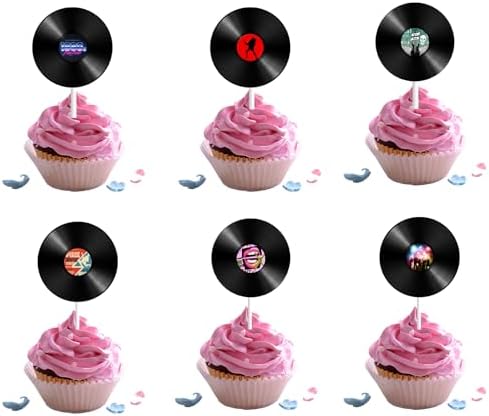 18pcs 80s Vinyl Record Cupcake Toppers for Boys Girls Adults 80s 90s Birthday Themed Party Decorations Supplies Rock and Roll Music Cake Decorations