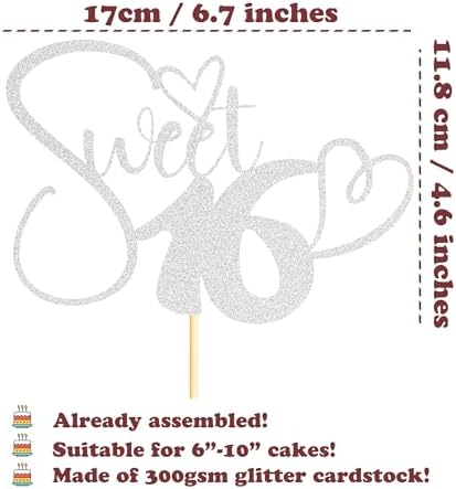 Sotpot 1 pcs Silver Glitter Sweet 16 Cake Topper, Happy 16th Birthday Party Supplies, Sweet Sixteen Theme Party Decorations, Sweet 16 Birthday Cake Party Supplies Silver