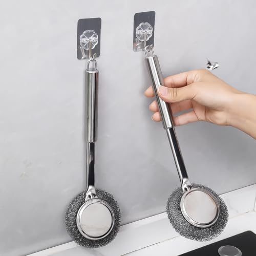 Stainless Steel Long Handle Cleaning Brush Detachable Metal Wire Ball Kitchen Pot Bowl Wiping Cleaning Tool