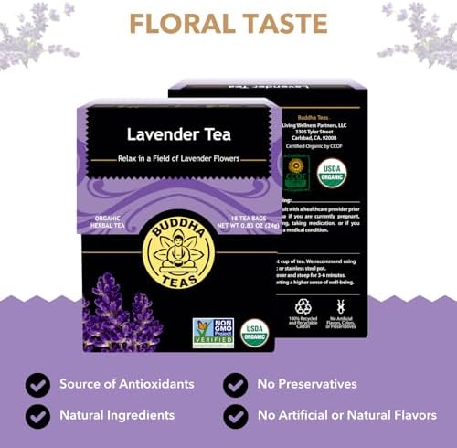 Buddha Teas Organic Lavender Tea - OU Kosher, USDA Organic, CCOF, 18 Bleach-Free Tea Bags