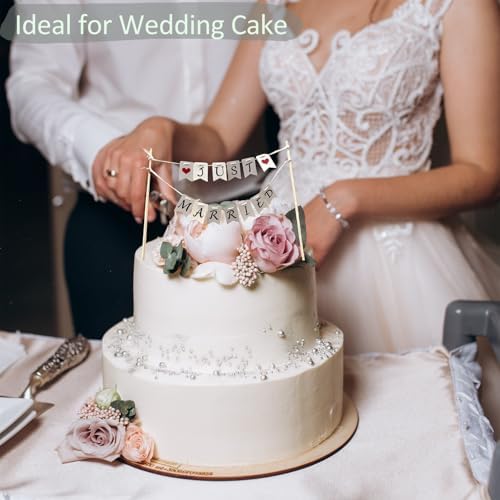 Just Married Cake Topper Banner with Sticks, Rustic Wedding Cake Decoration, DIY Assembly Cake Topper for Engagement, Bridal Shower, Wedding Party Supplies