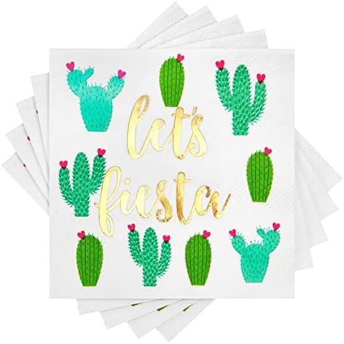 Juvale Fiesta Cocktail Napkins - 5 x 5 In, 3-Ply Paper, Gold Foil, 50 Count, Let's Fiesta Style - Cactus & Taco Party - Tequila & Mexican Theme Napkins