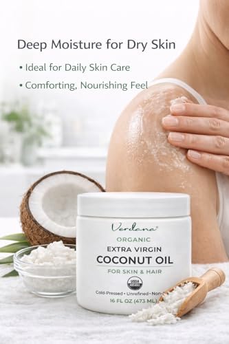 Verdana Organic Coconut Oil for Skin & Hair, Extra Virgin Unrefined Cold Pressed, Rich Moisturizer for Dry Skin & Body, USDA Organic, 16 fl oz Jar