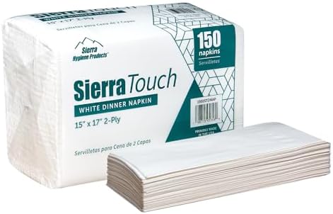 Sierra Touch Bright White 2-Ply Dinner Napkins, 15" x 17", 20 Packs of 150 Napkins, Case of 3,000
