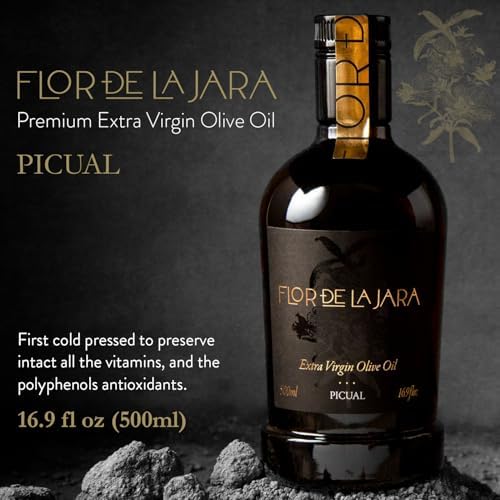 FLOR DE LA JARA Premium Extra Virgin Olive Oil from Spain, First Cold Pressed, Polyphenol-Rich, Monovarietal Picual, Hand-Harvested Olives, Family-Owned Grove, Low acidity (0,1%), 16.9 fl oz (500ml)