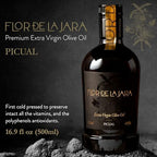 FLOR DE LA JARA Premium Extra Virgin Olive Oil from Spain, First Cold Pressed, Polyphenol-Rich, Monovarietal Picual, Hand-Harvested Olives, Family-Owned Grove, Low acidity (0,1%), 16.9 fl oz (500ml)
