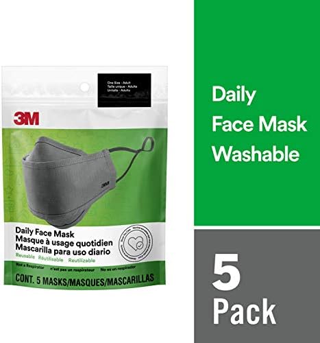 3M Daily Face Mask, Reusable, Washable, Adjustable Ear Loops, Lightweight Cotton Fabric, 5 Pack, Gray