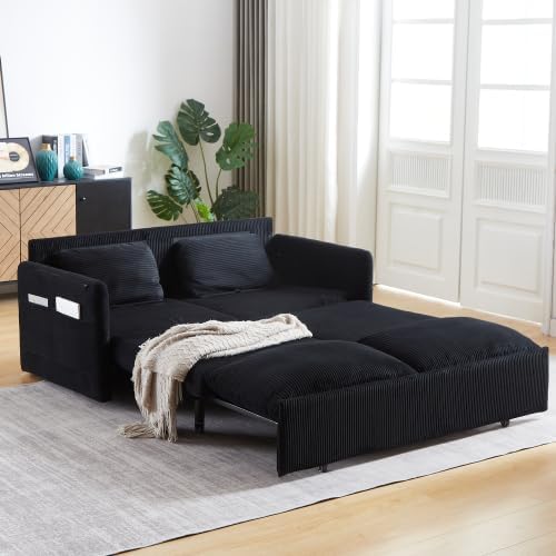64.5" 3-in-1 Corduroy Convertible Sleeper Sofa Bed – Pull-Out Loveseat with Side Pockets & 2 Pillows