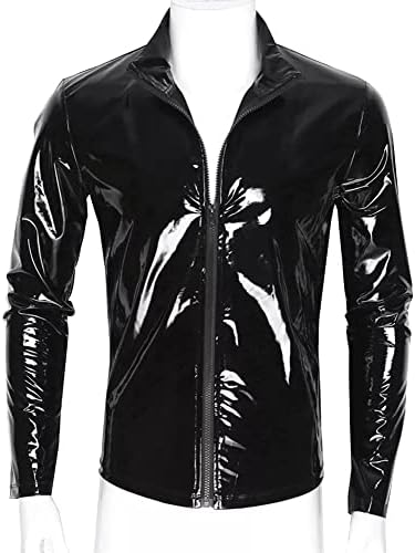 AIEOE Men’s Leather Metallic Shirts Shiny Slim Fit Stretch Top Wetlook Club Party Undershirts