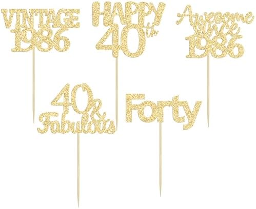 Gyufise 30Pcs Happy 40th Birthday Cupcake Toppers Glitter Forty Vintage 1986 Cupcake Picks Cheers to 40 Fabulous Cake Decorations for Happy 40th Birthday Wedding Anniversary Party Supplies Gold