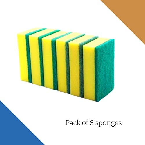 Large Heavy Duty Scrub Sponge - Dual Sided Dish Washing & Cleaning Scourer - Absorbent, Non-Scratch, Reusable - Pack of 6