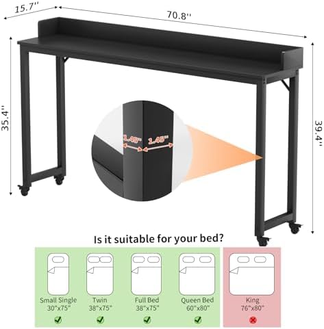 Arlopu Overbed Table with 360° Wheels, Queen Size Mobile Bed Desk with Heavy Duty Metal Leg, Sturdy Laptop Cart & Dining Table for Bedroom, Living Room, Hospital Use (Black)